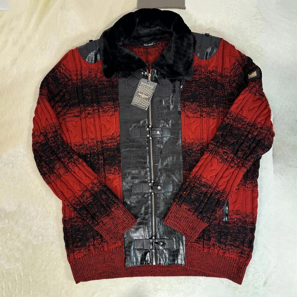 Barabas Full-Zip Mongolian Sweater Red Black Alligator Textured Pleather Gold